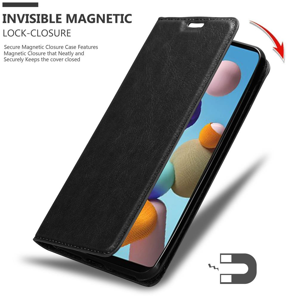 Schwarze Handyhülle mit einem Bildschirm, der eine farbenfrohe Anzeige zeigt. Die Hülle hat einen Magnetverschluss.
