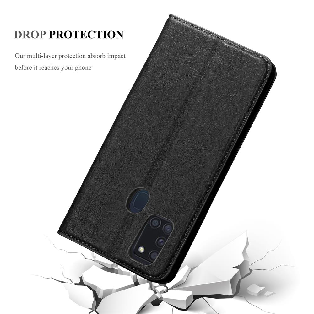 Schwarzes Telefon in einer Lederhülle, knackender Boden. Text: Fallschutz, Unsere Mehrschichtschutz.