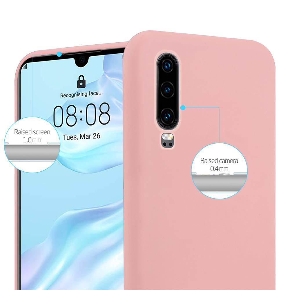Una custodia rosa per telefono con un telefono dentro. Testo: Riconoscimento del volto..., Schermo rialzato 1,0 mm, Fotocamera rialzata 0,4 mm.