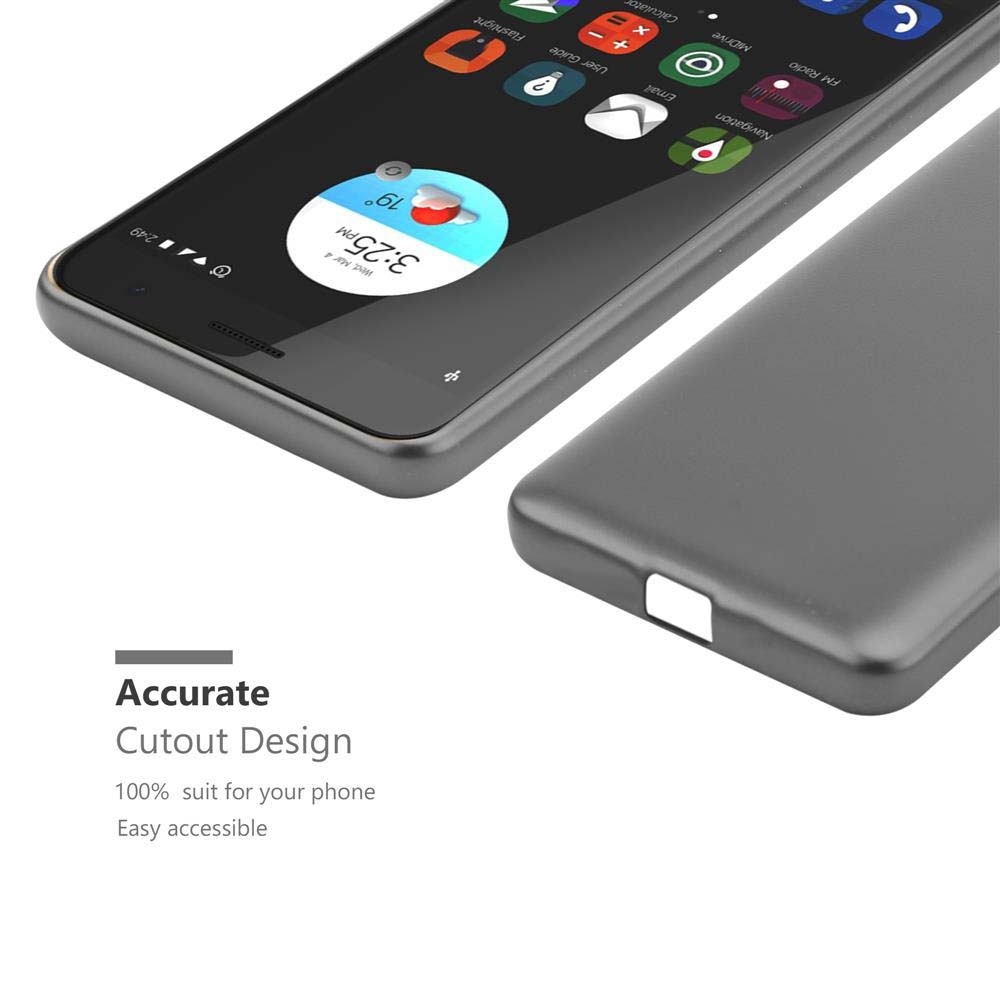 Uno smartphone nero con app sullo schermo e una custodia grigia accanto.