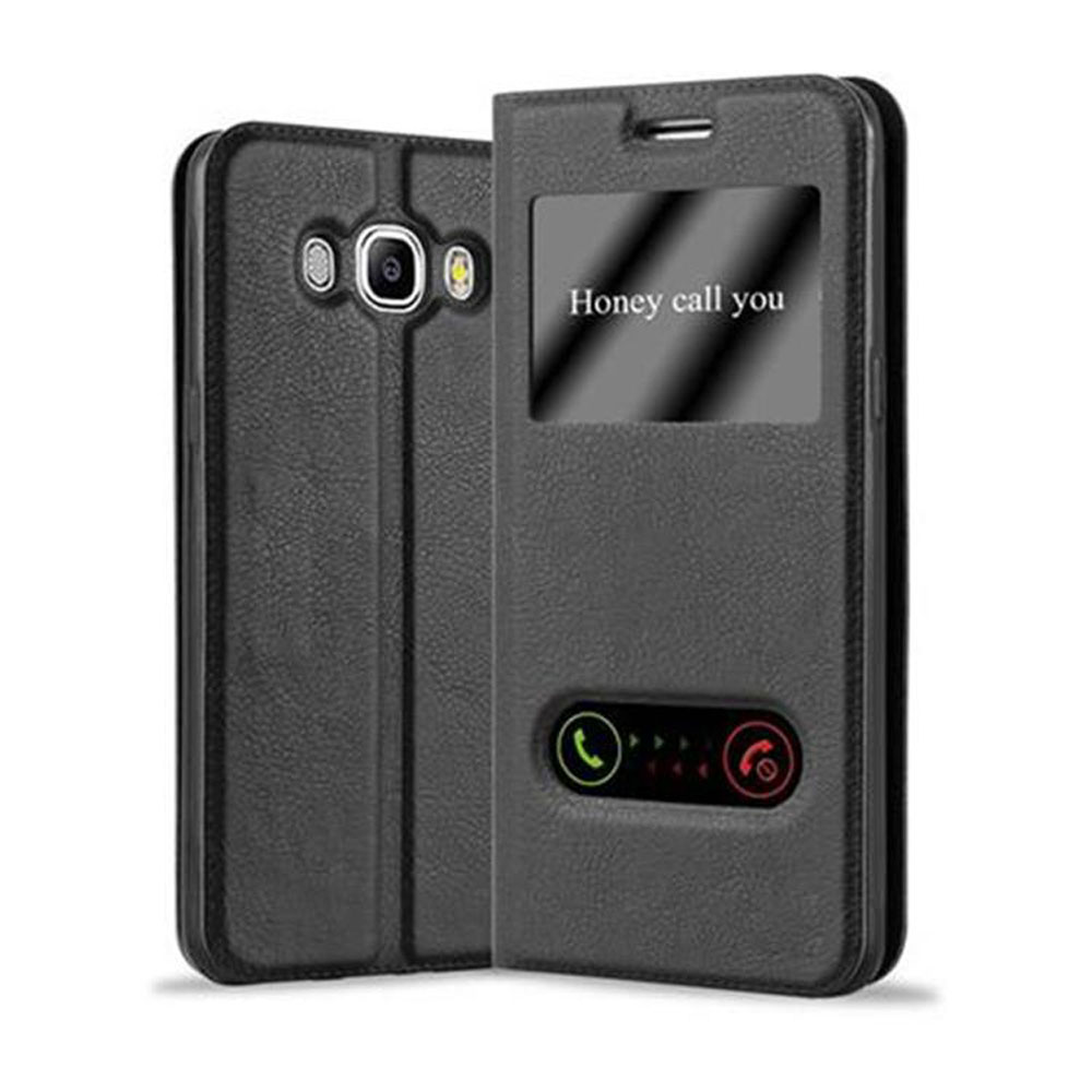Una funda de teléfono negra con una ventana, mostrando el mensaje "Honey call you".
