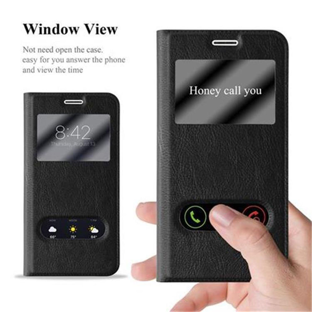 Una funda de teléfono negra, con una vista de ventana. La funda está cerrada, mostrando la hora y la fecha.