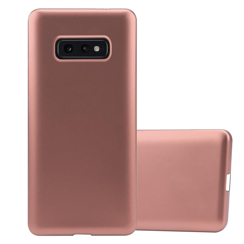 Custodia per telefono oro rosa. Vengono mostrate due custodie, una in piedi e una sdraiata. Entrambe le custodie sono oro rosa.