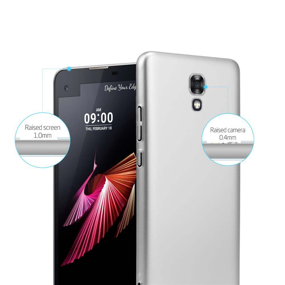 Silberne Handyhülle auf einem schwarzen Handy. Text zeigt erhöhte Bildschirm- und Kameramessungen.