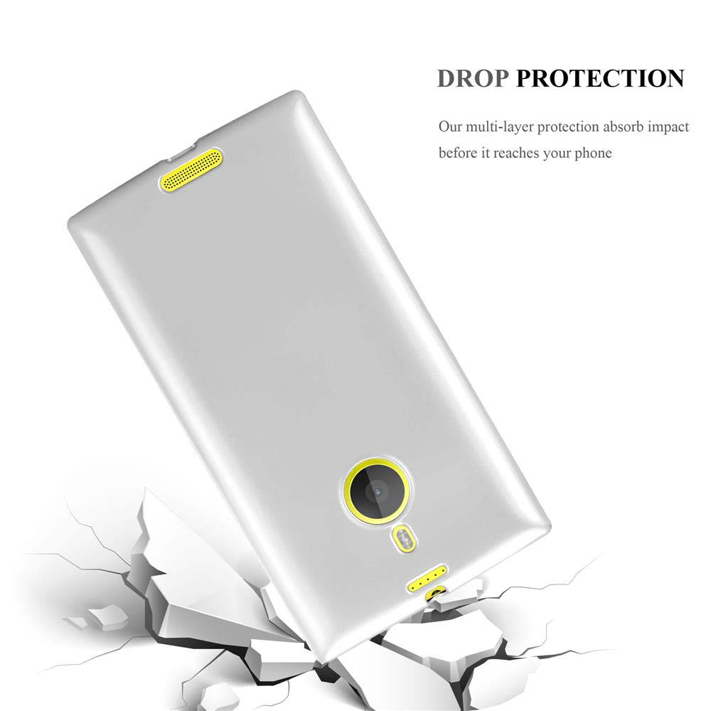 Silberne Handyhülle, abgewinkelt, auf weißer Oberfläche. Drop Protection Text. Handyhülle hat Lautsprecher- und Kameraaussparungen.