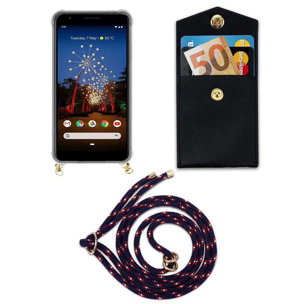 Telefon in einer Hülle mit Umhängeriemen. Geld und Karten innen. Weißer Hintergrund.