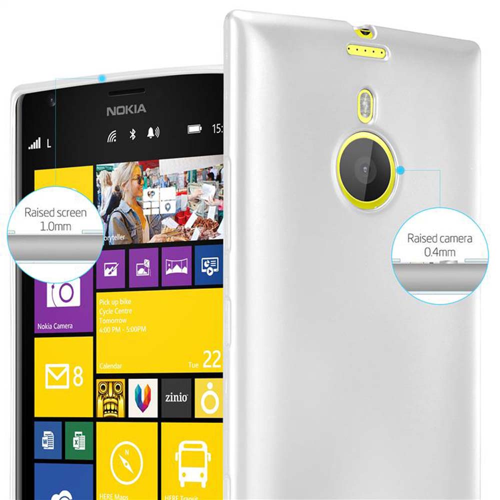 Eine weiße Handyhülle auf einem Nokia-Telefon. Der Bildschirm zeigt App-Symbole und die Uhrzeit.