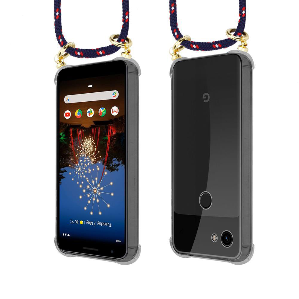 Zwei Telefone mit transparenten Hüllen und schwarz-roten Schnüren mit goldenen Aufsätzen. Telefonbildschirme werden angezeigt.