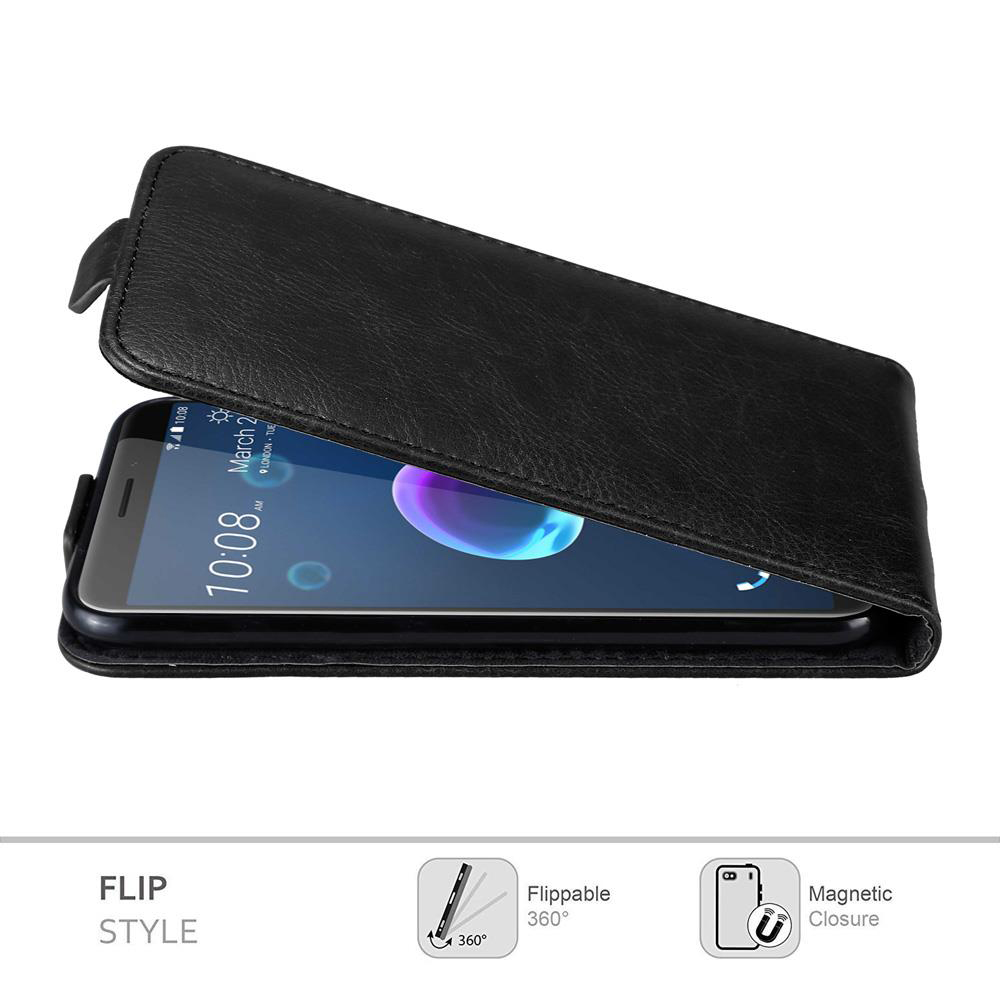 Custodia a libro in pelle nera, aperta che mostra lo schermo. Caratteristiche: stile flip, 360°.