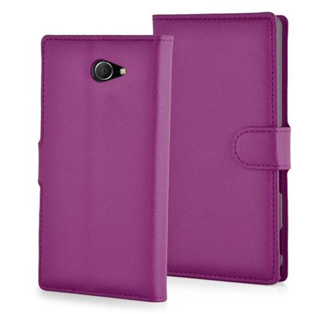 Custodia per telefono viola, chiusa. La fotocamera è visibile. Lo sfondo è bianco.