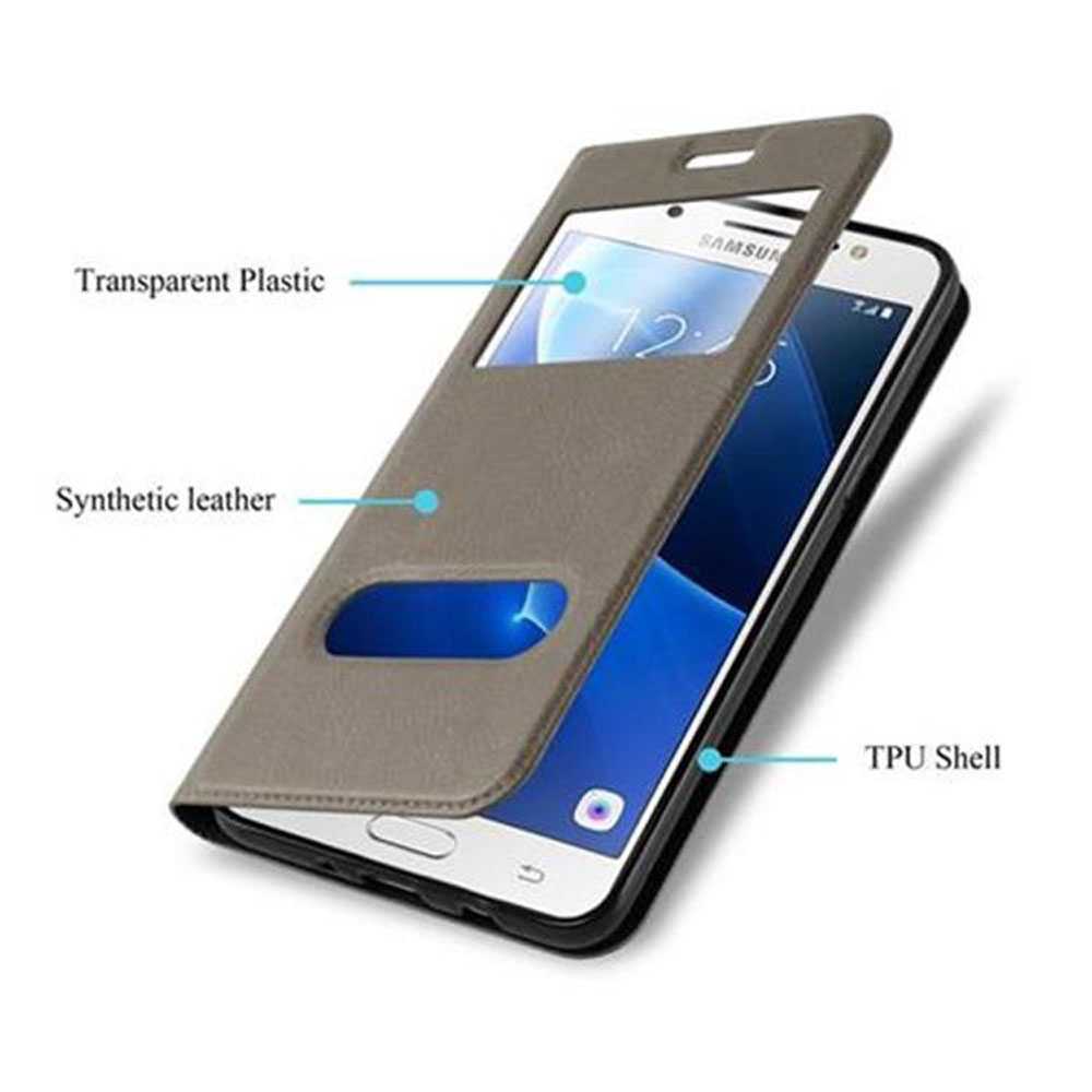 Teléfono con funda. La funda está abierta mostrando un teléfono. El texto indica plástico transparente y cuero.