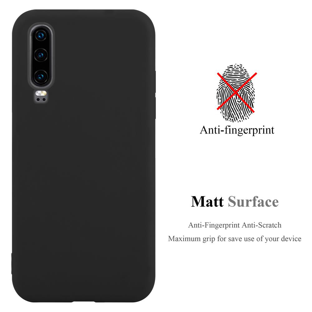 Una custodia per telefono nera con un telefono nero. Il testo descrive la custodia come anti-impronta e superficie opaca.