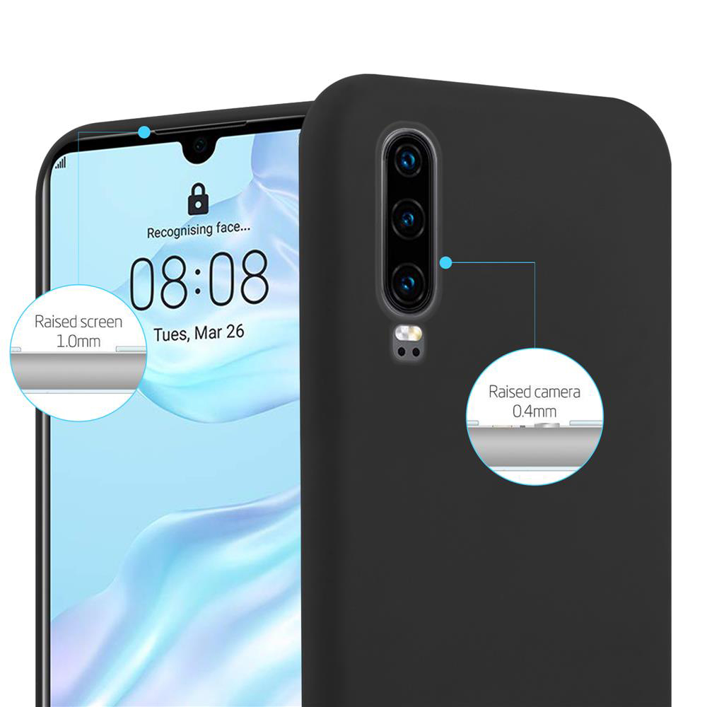 Telefono nero con custodia nera. Il display mostra l'ora. La custodia ha bordi rialzati.