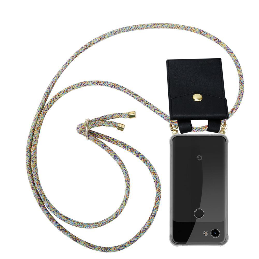 Telefon an einem Lanyard befestigt. Das Lanyard ist mehrfarbig. Weißer Hintergrund.