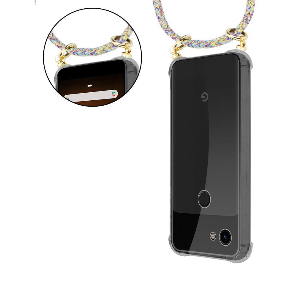 Ein Telefon in einer Hülle mit Lanyard. Das Telefon hat eine Kamera und eine Ein-/Aus-Taste. Der Hintergrund ist weiß.