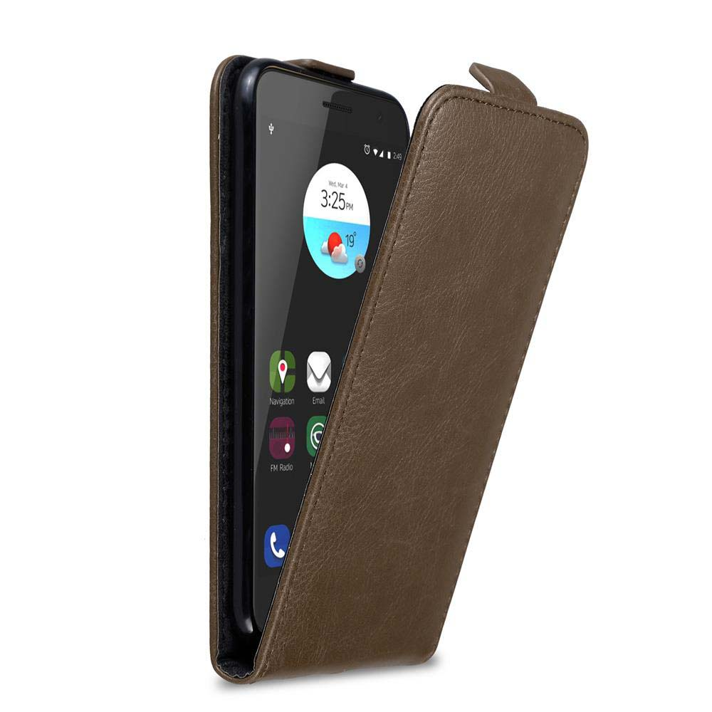 Funda marrón para teléfono con teléfono dentro, abierta para mostrar la pantalla.
