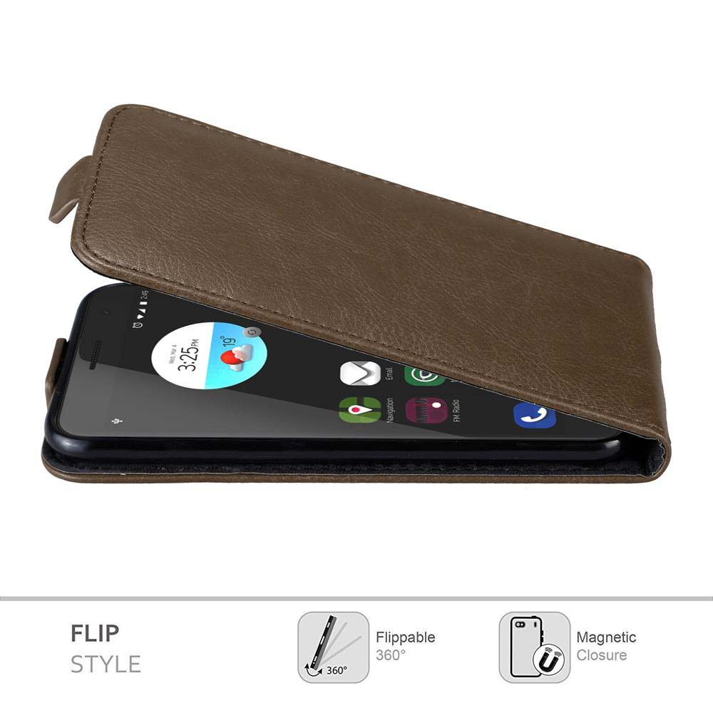 Funda de teléfono con tapa marrón abierta. La pantalla del teléfono es visible con iconos de aplicaciones. Fondo blanco, estilo flip.