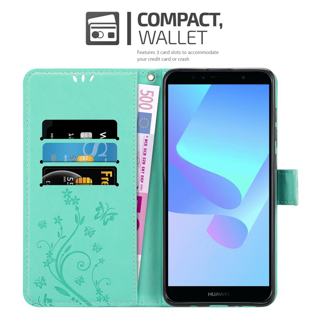 Telefono in custodia a portafoglio verde acqua con carte e denaro. Testo: 'COMPACT, WALLET'.