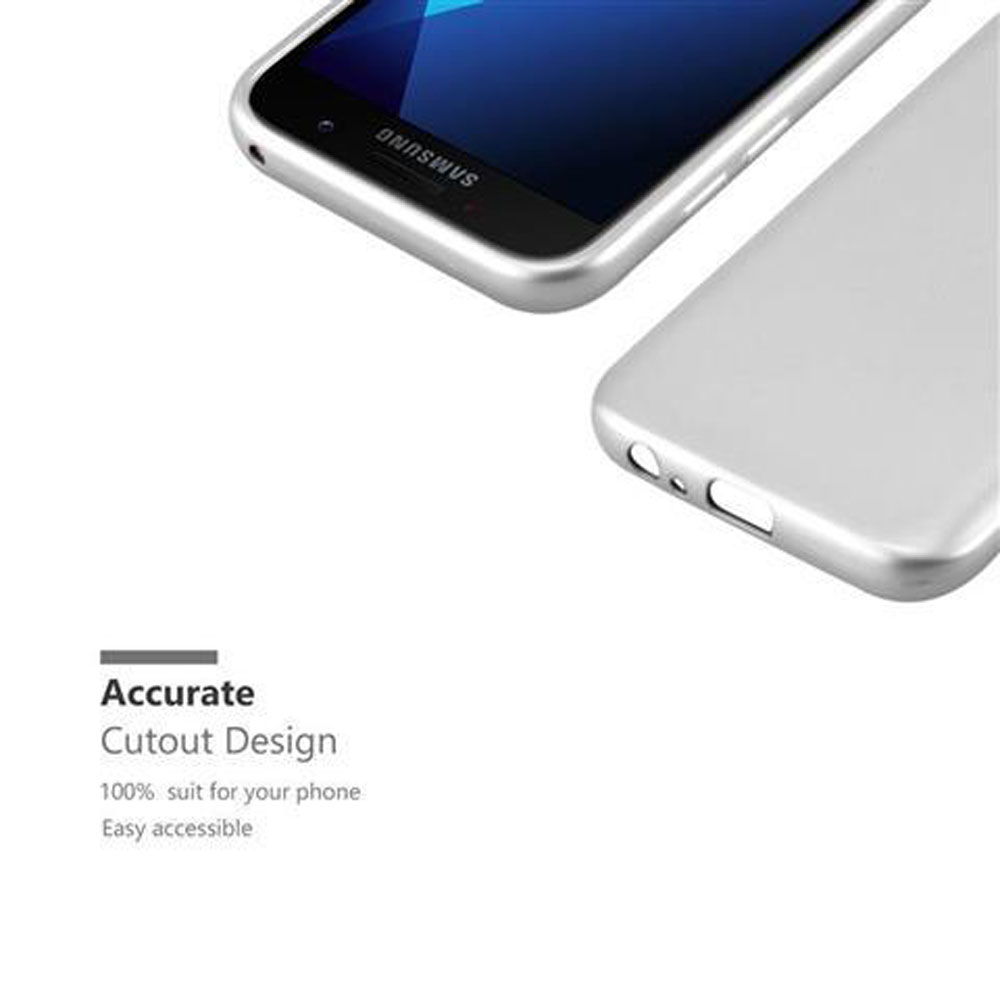 Dos fundas plateadas para teléfono, una con un teléfono dentro. El teléfono tiene una pantalla negra y el logotipo de Samsung.