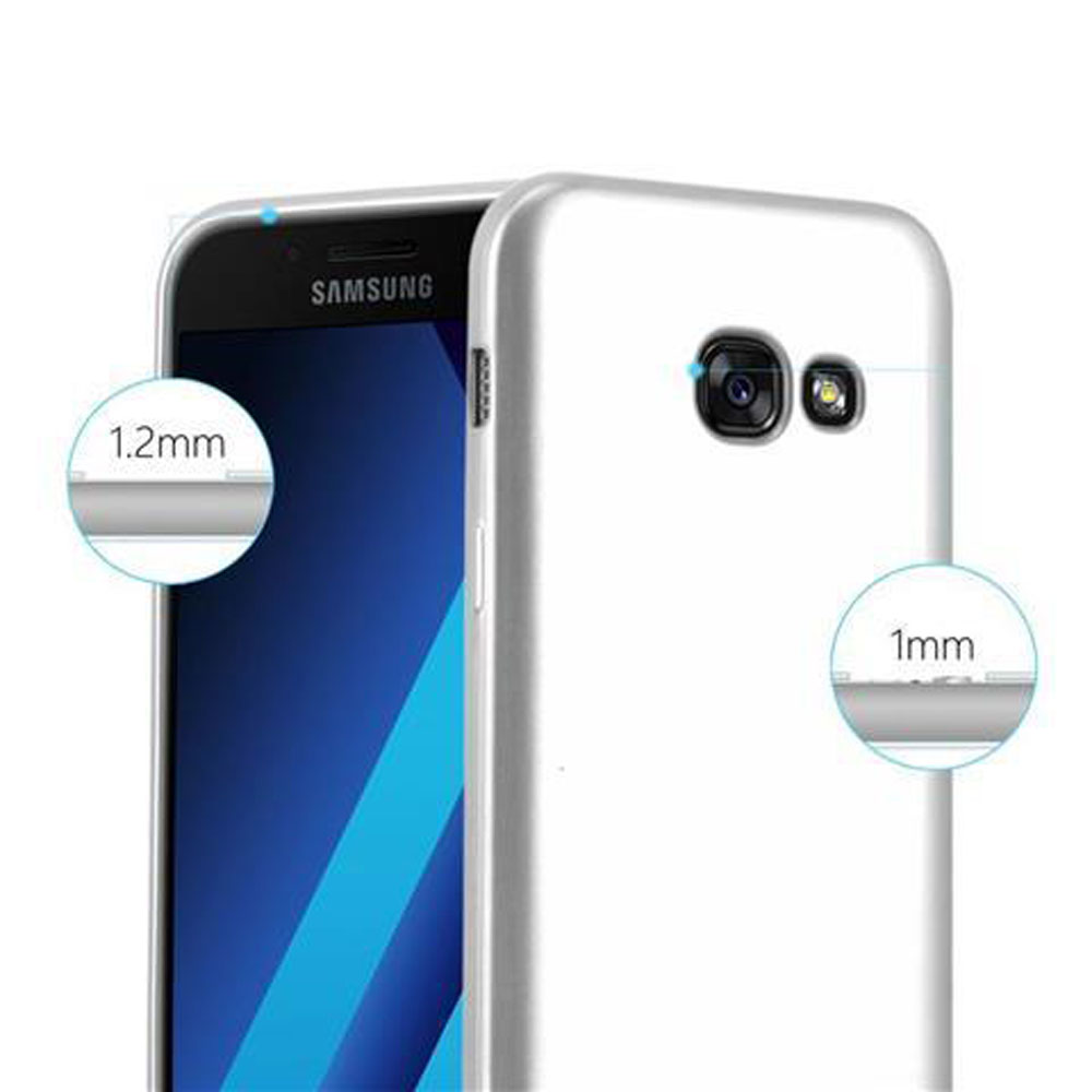 Un teléfono blanco y una funda azul. Texto: 1,2 mm y 1 mm. El teléfono tiene una cámara.