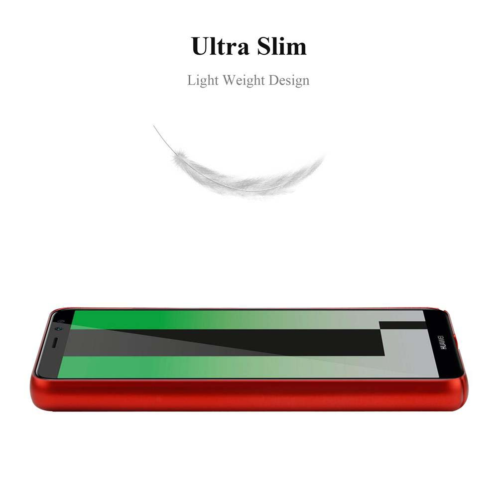 Una custodia rossa con un telefono all'interno. Testo: Ultra Slim, Light Weight Design. Una piuma fluttua sopra il telefono.