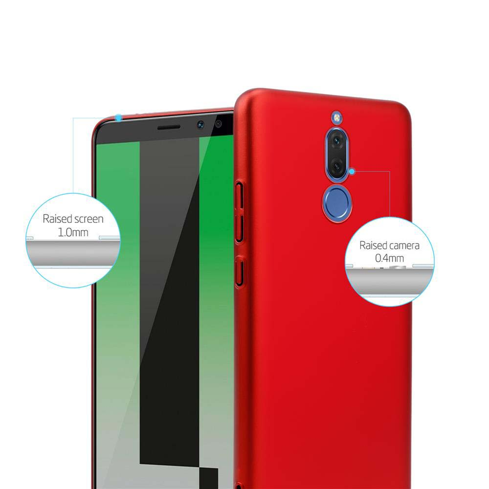 Telefono rosso con custodia rossa, che mostra i dettagli dello schermo e della fotocamera.