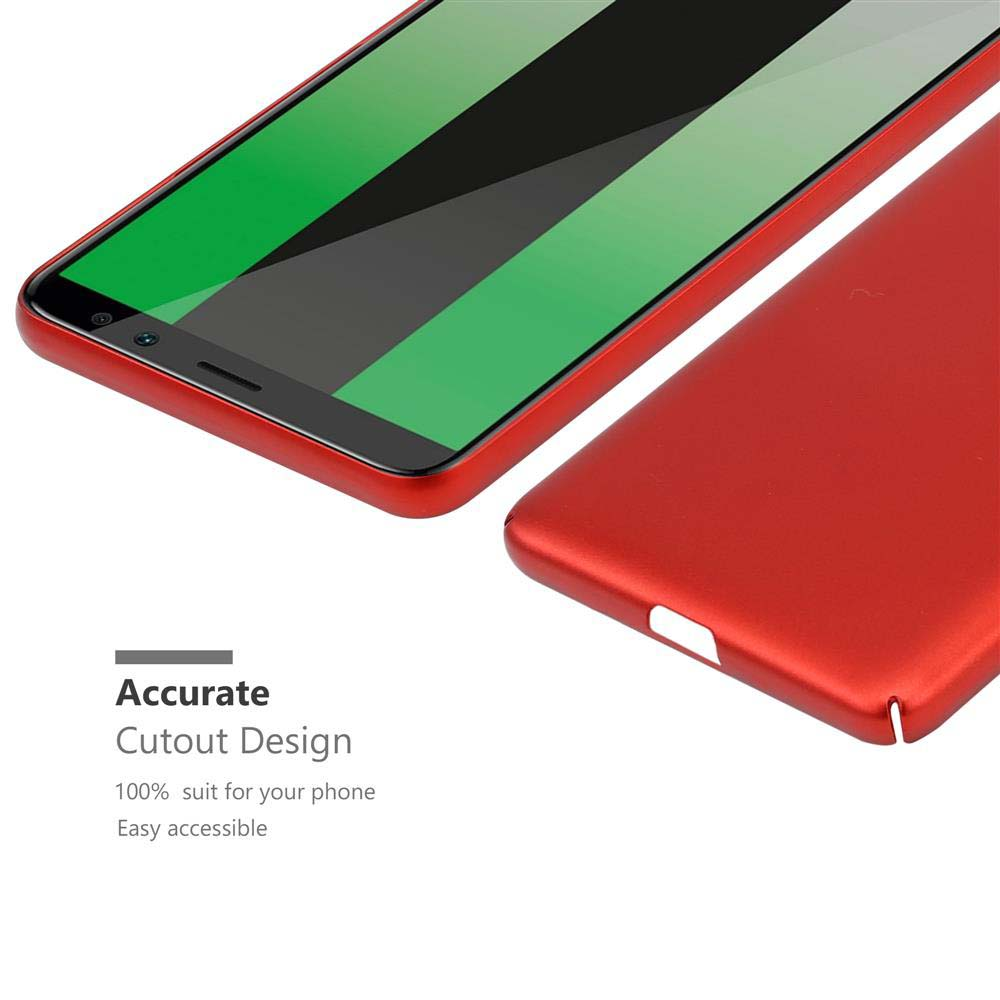 Custodia rossa con telefono all'interno. Schermo verde. Testo: Design con ritaglio accurato.