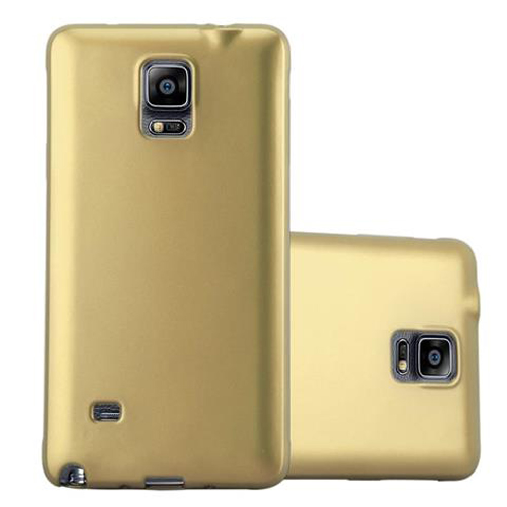 Goldene Handyhülle mit Telefon darin. Eine weitere Hülle ist rechts. Weißer Hintergrund.