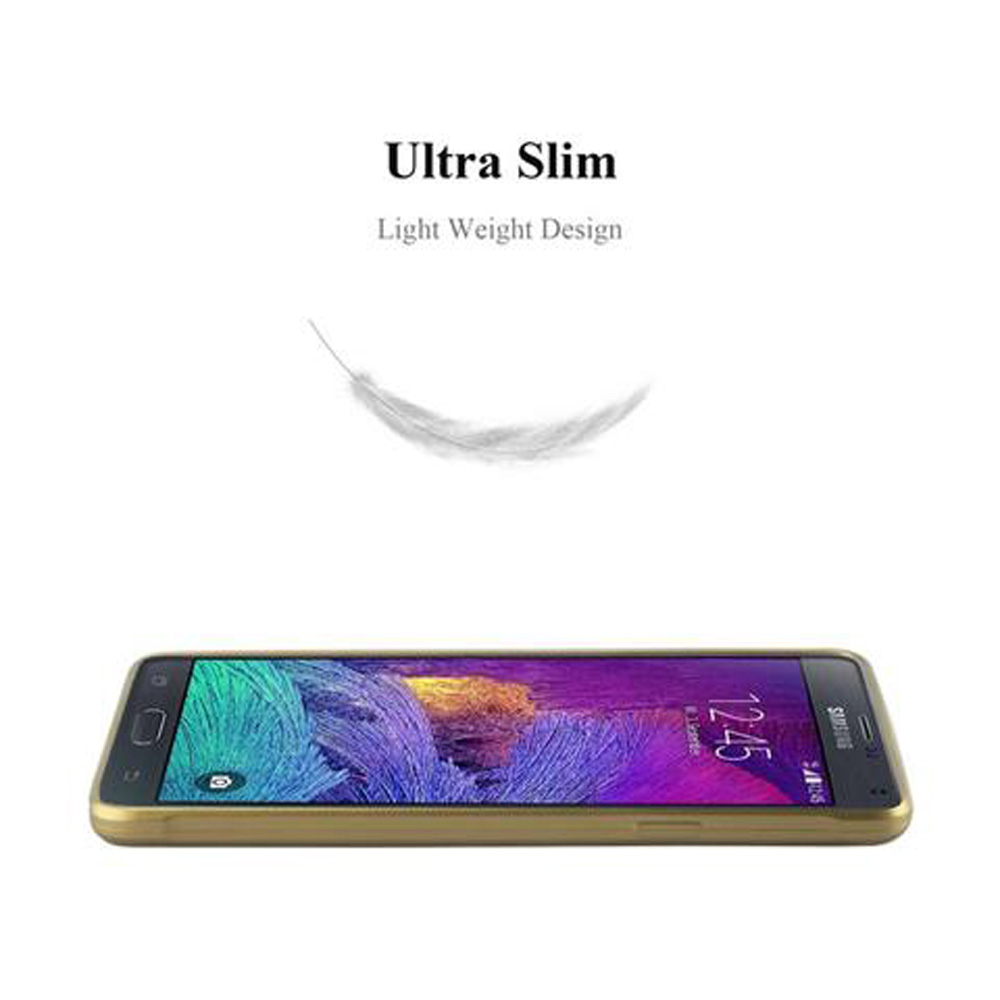 Telefon auf der Seite mit einer Feder darüber. Goldfarbenes Telefon mit lila Display. Weißer Hintergrund.