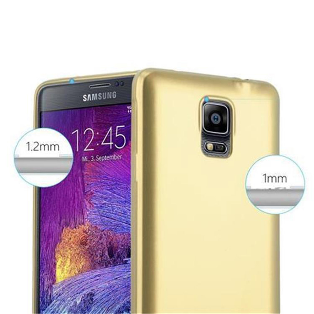 Goldene Handyhülle mit Zeitanzeige. Text: 1,2 mm, 1 mm.
