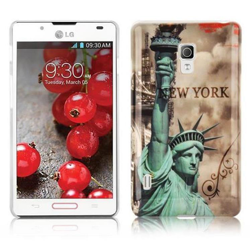Ein Telefon mit roten Beeren auf dem Bildschirm und eine Hülle mit Freiheitsstatue.