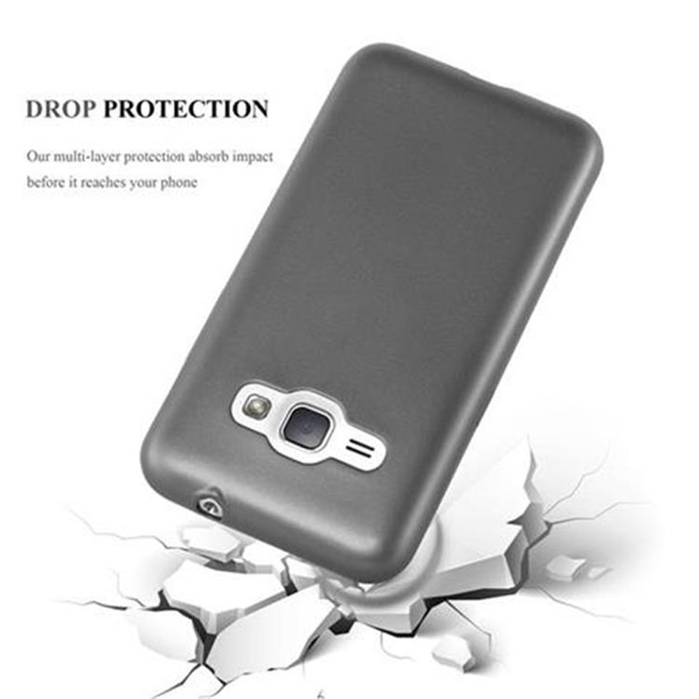 Funda de teléfono con protección contra caídas. Funda gris y texto sobre protección multicapa.