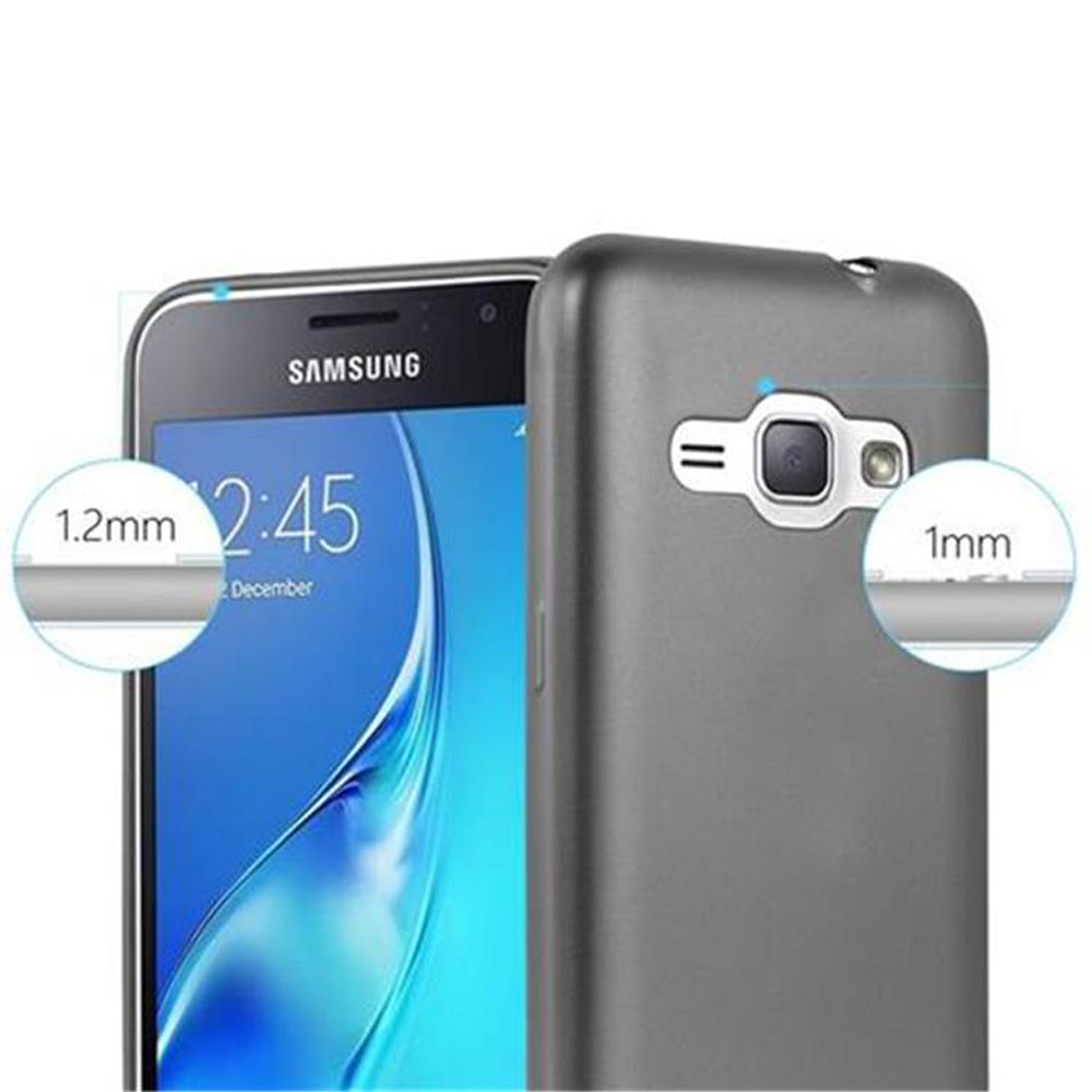 Un teléfono y una funda gris para teléfono con medidas indicadas. Se indica un grosor de 1,2 mm y 1 mm. El teléfono es Samsung.