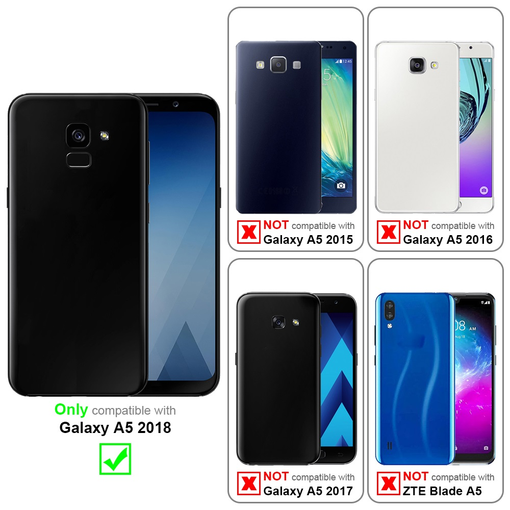 Custodia nera a sinistra, telefoni a destra. Avvisi di compatibilità.
