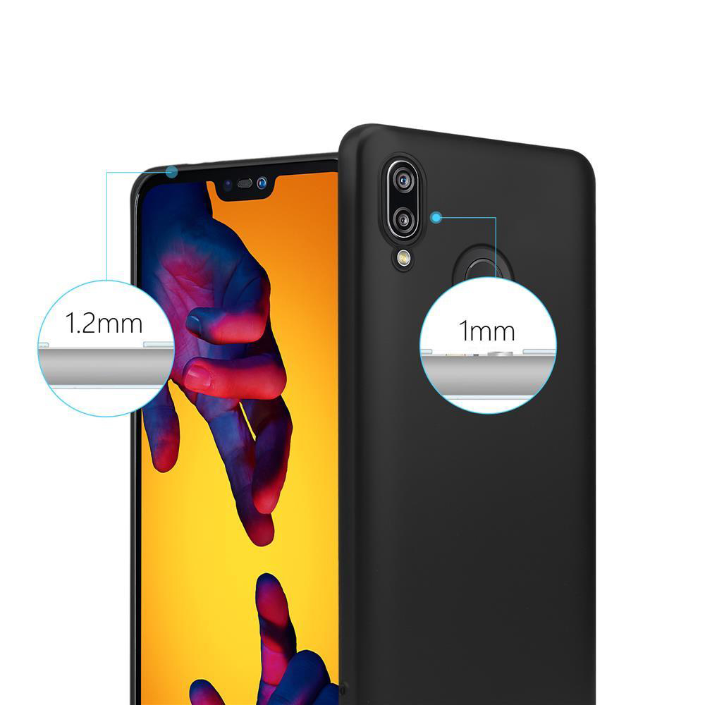 Telefono con custodia nera. Lo schermo mostra un'immagine colorata e il retro è nero.
