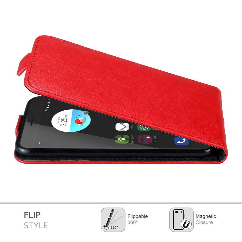 Funda roja de teléfono abatible abierta, mostrando la pantalla del teléfono. La pantalla muestra un reloj e iconos de aplicaciones.