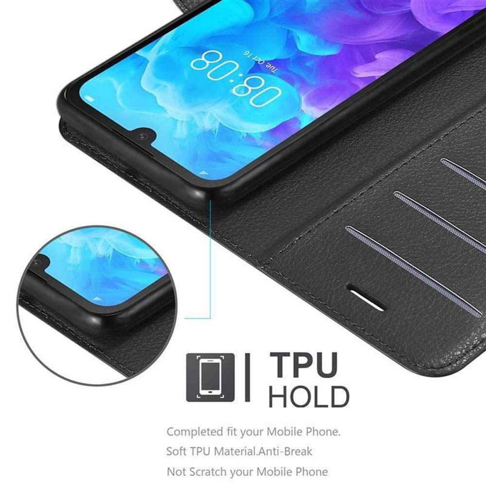 Custodia nera con telefono. Mostra TPU HOLD e testo.