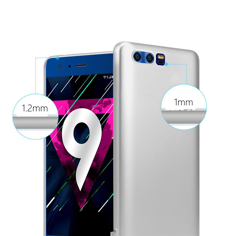 Telefono argentato con schermo bianco. La custodia è a destra, che mostra lo spessore. Lo schermo è etichettato 1,2 mm e la custodia 1 mm.