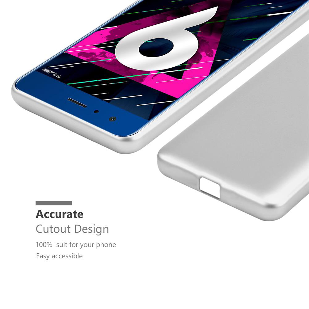 Un telefono argentato con schermo blu. Accanto è visibile una custodia argentata. Testo: 'Accurate Cutout Design'.