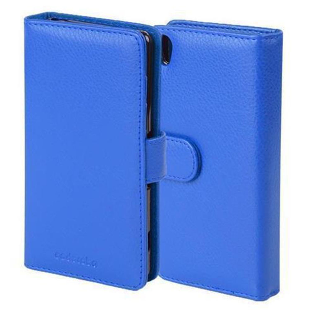 Funda azul tipo cartera para teléfono con un teléfono.