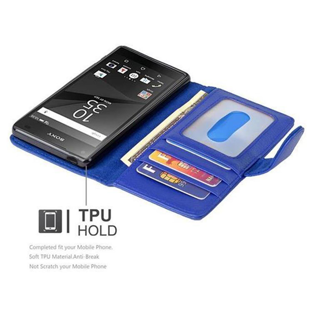 Una funda de teléfono azul tipo cartera con un teléfono dentro. Tarjetas y DNI están en la cartera.