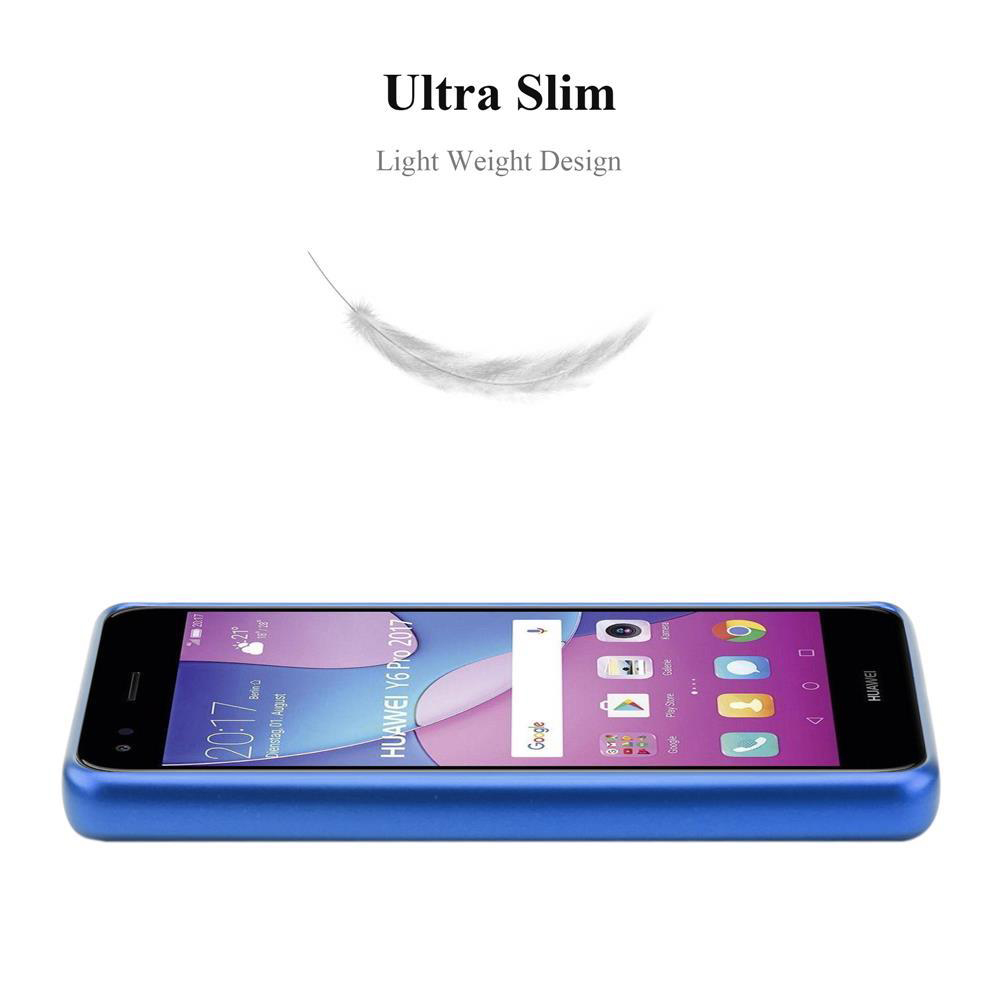 Blaue Handyhülle auf einem Telefon, das den Bildschirm zeigt. Eine Feder schwebt über dem Telefon.