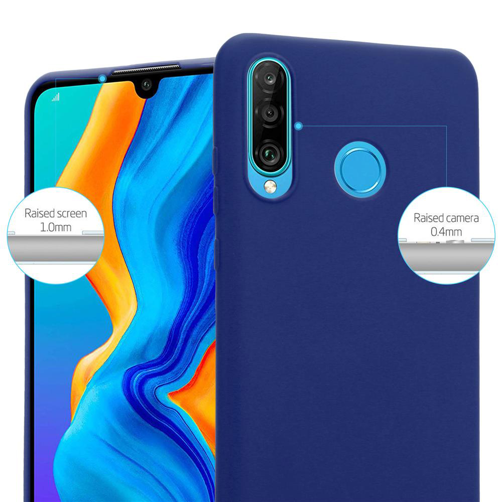 Una custodia per telefono blu con schermo e fotocamera rialzati, evidenziati da cerchi ed etichette.