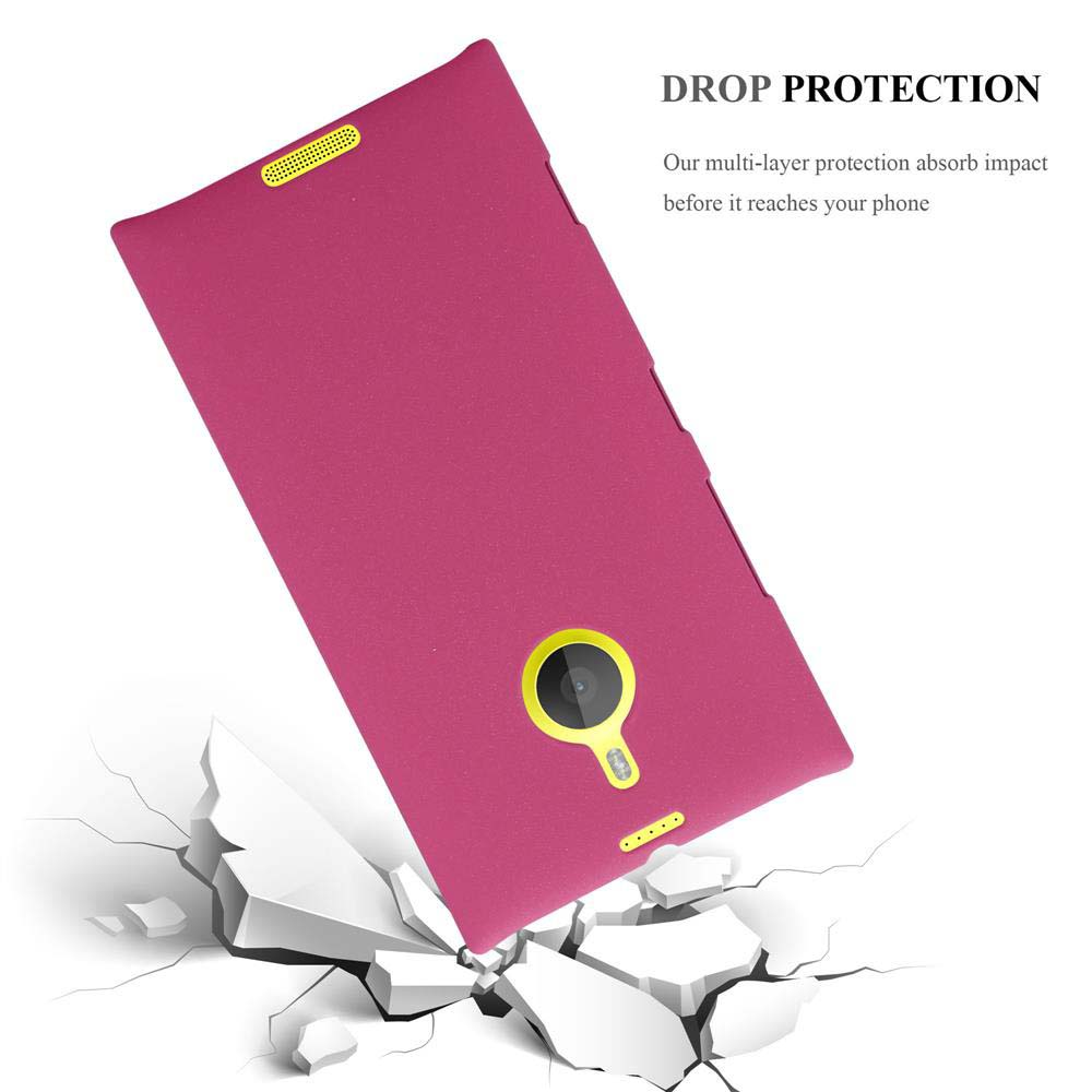 Custodia rosa con telefono dentro, angolata. Testo: Drop Protection. Suolo bianco, crepato.