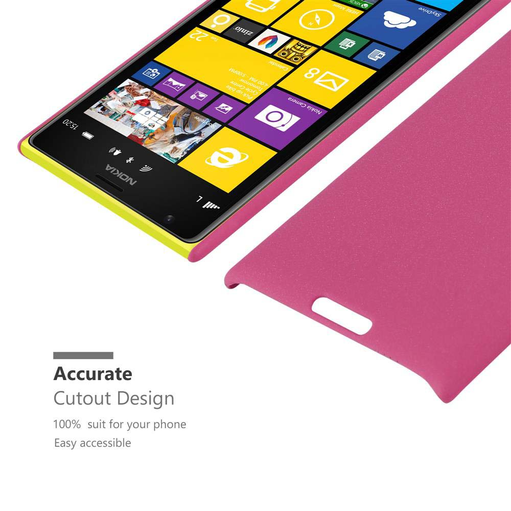 Viene mostrato un telefono rosa con un bordo giallo. Lo schermo del telefono mostra icone di app colorate su una griglia.