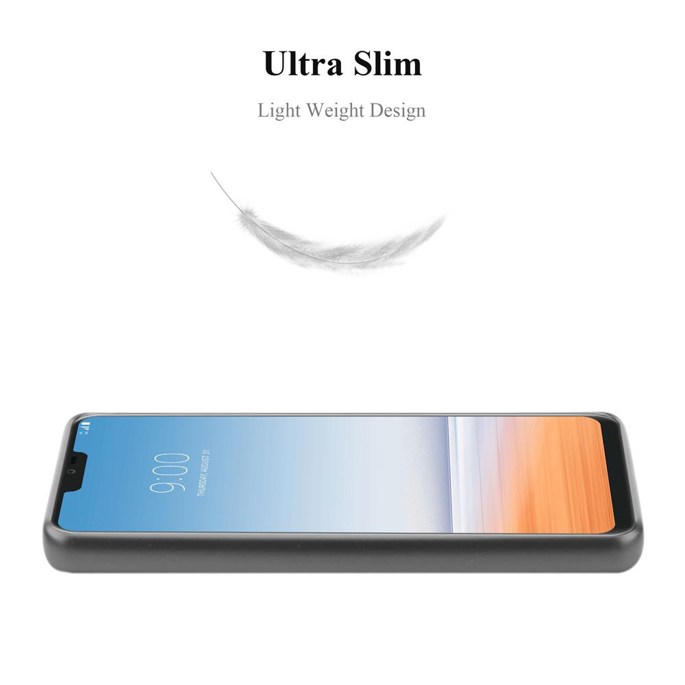 Una custodia per telefono con un telefono all'interno. Testo: Ultra Slim, Light Weight Design. Una piuma fluttua sopra il telefono.
