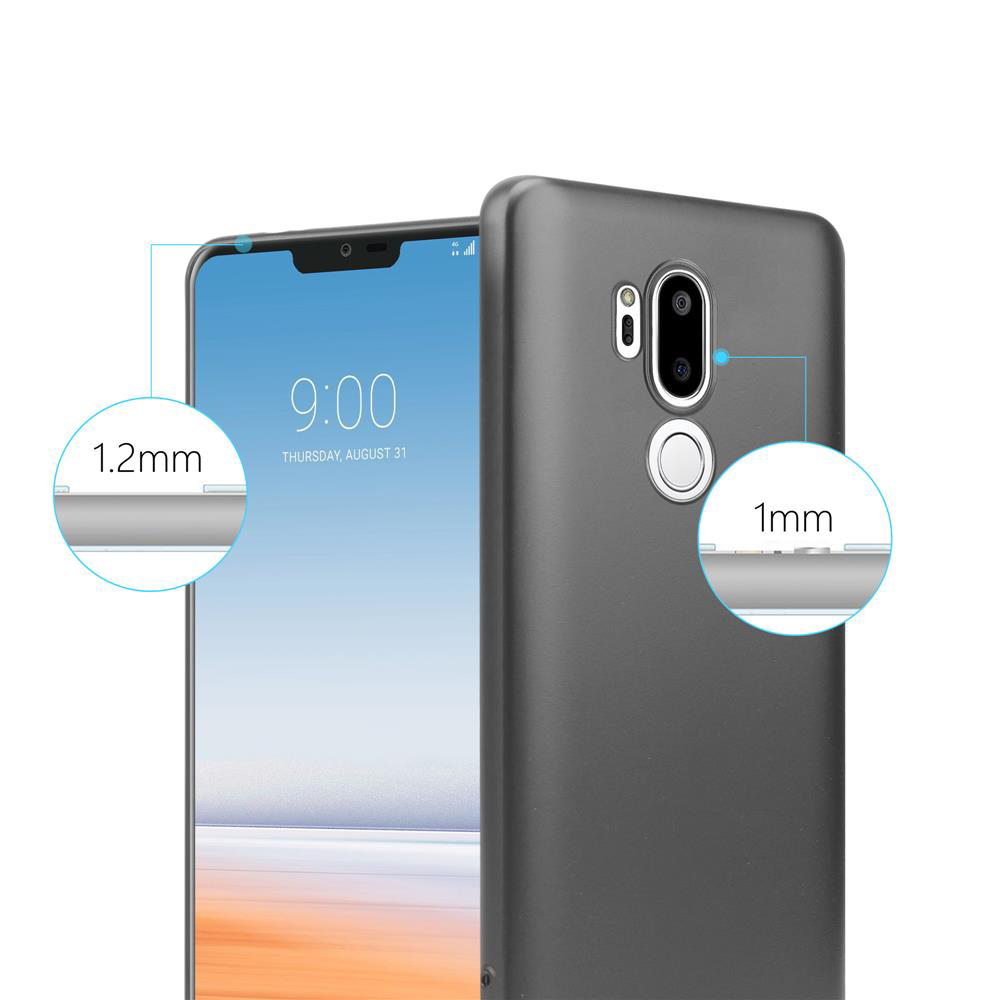 Un telefono con una custodia protettiva. La custodia è grigia, che mostra misure di spessore di 1,2 mm e 1 mm.