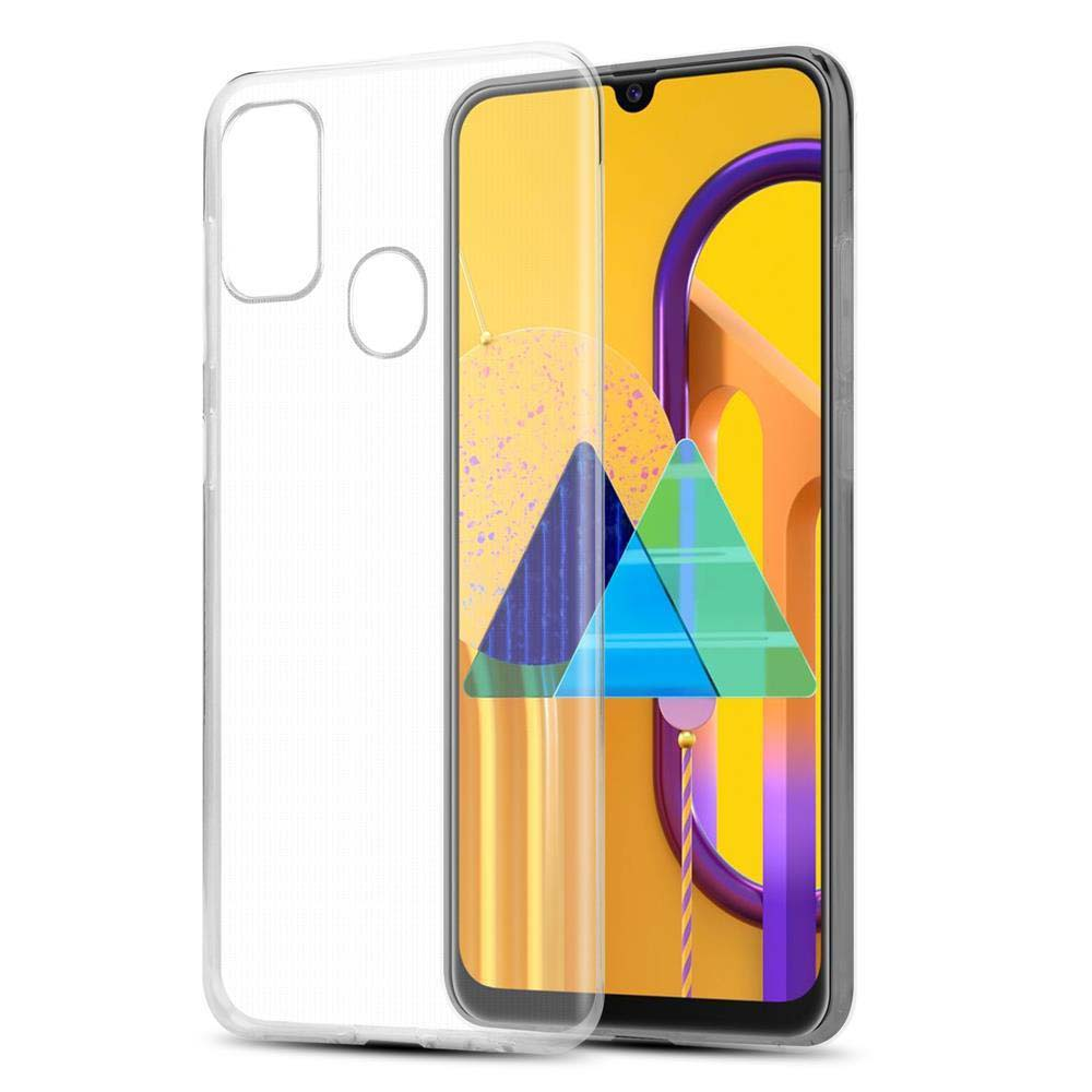 Una custodia trasparente per telefono. Un telefono con schermo giallo e viola è visibile.