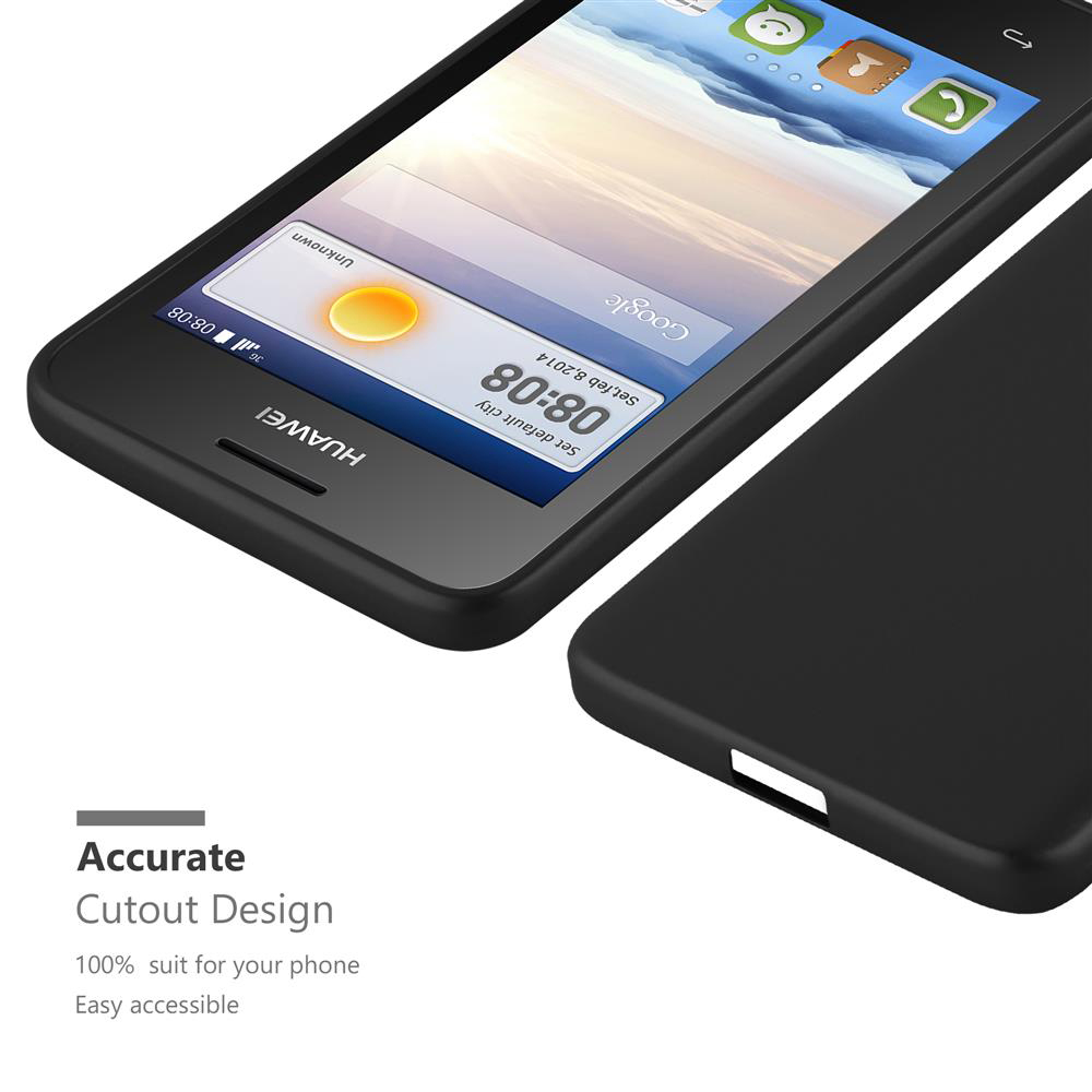 Un telefono Huawei con custodia nera, che mostra lo schermo e un primo piano della custodia, enfatizzando il design preciso del ritaglio.