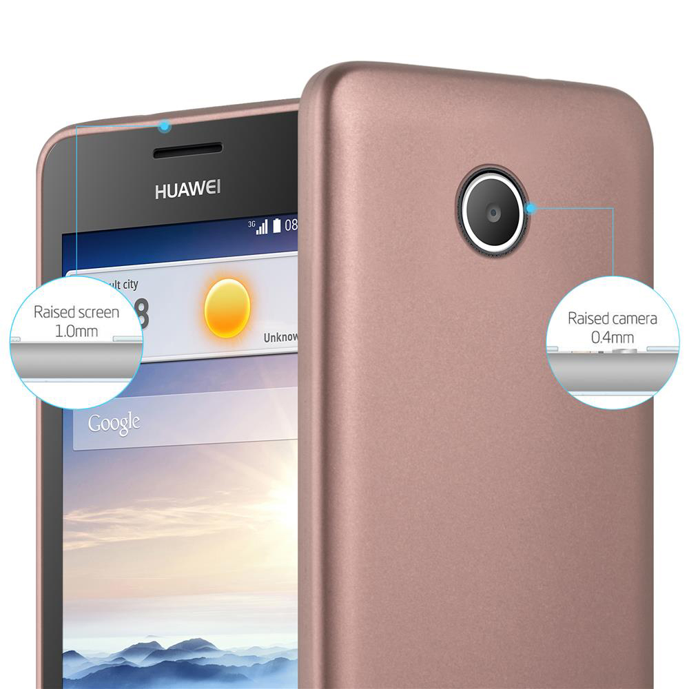 Telefono Huawei marrone con custodia marrone. Le aree rialzate dello schermo e della fotocamera sono etichettate. Lo schermo mostra una schermata iniziale.